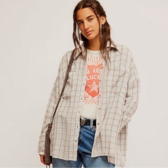 Free People Oversized Bohemian Grunge 90s Fall Cardiff Plaid Top Shirt Medium - Picture 3 of 10
